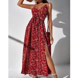 French Ditsy Floral Split Thigh Belted Cami Dress Rust